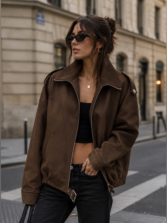 Glitz Jackets & Blazers - Women's Brown Bomber Jacket - Stylish Lightweight Coat